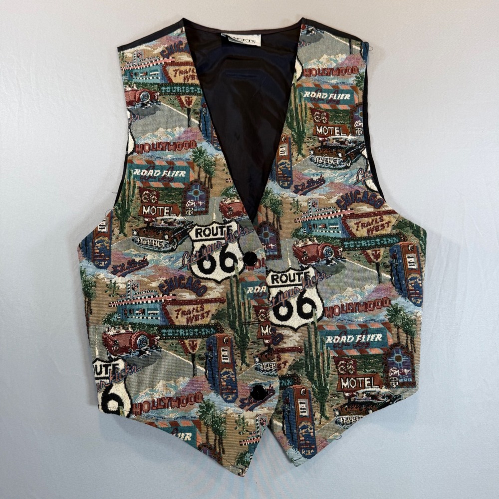 Vintage Route 66 Tapestry Vest Large Americana Road Trip USA Boho Festival